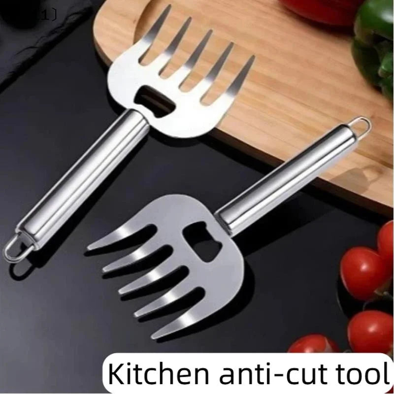 1 Stainless Steel Meat Cutter Finger Protector Fork Wooden Handle Qme