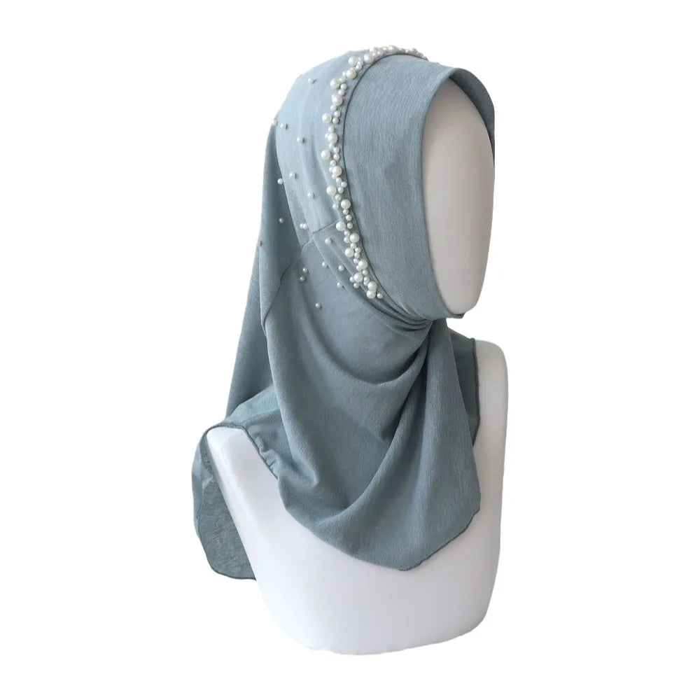 Cute Solid Color Beads Hijab Pull On Style Quick Drying Hijab Scarf Shawls Breathable Sun Protection Headscarf Summer Qme Blue