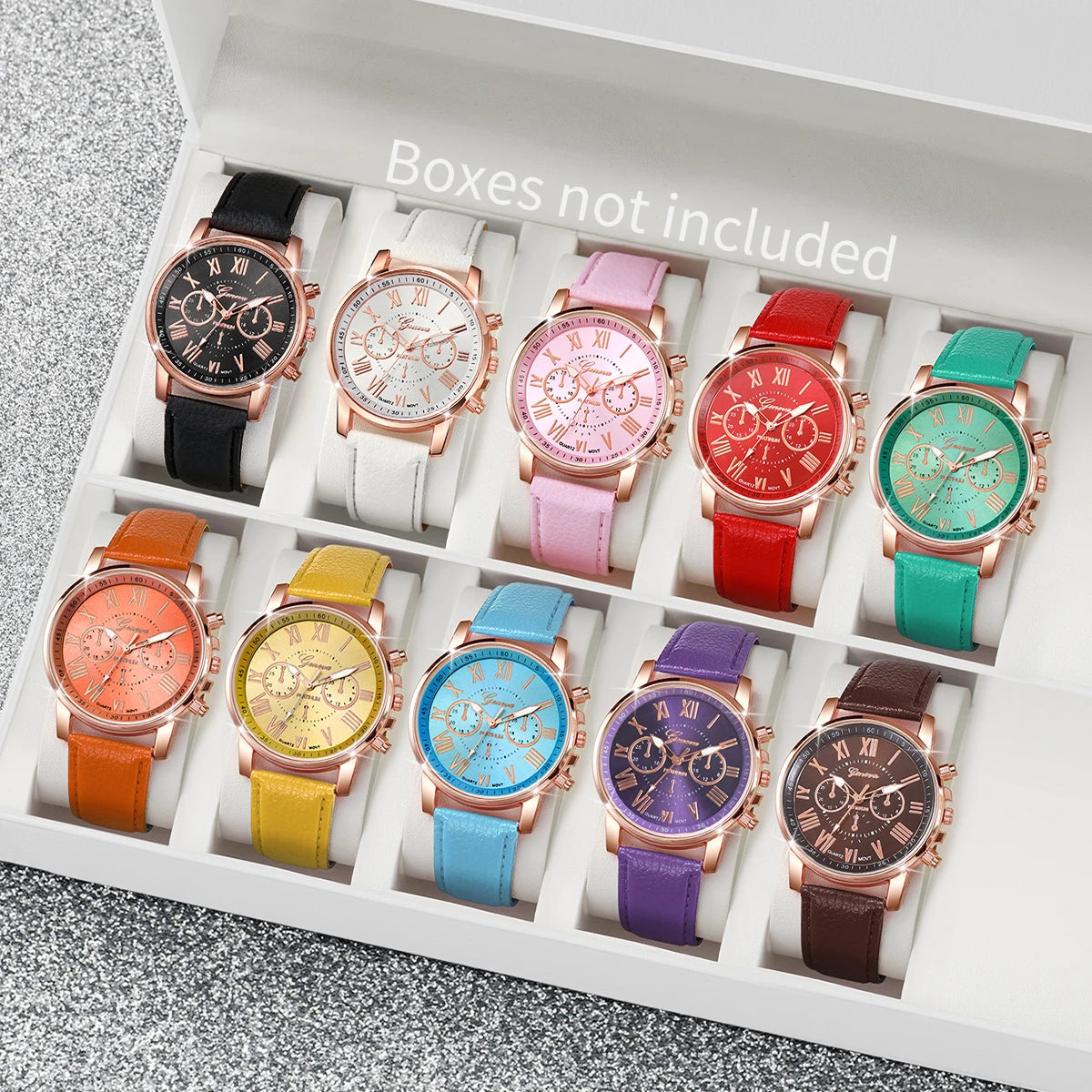 10PCS Women Watches Set Fashion Roma Dial Ladies Quartz Watch Casual Leather Band Wristwatches Relogio Feminino Reloj Mujer Qme B Set Without Box