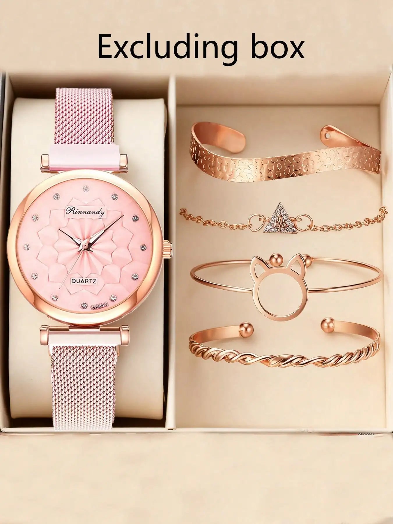 Watch bracelet set Cat's ears (Steamed cat-ear shaped bread) bracelet set magnet buckle mesh band watch set Qme Pink