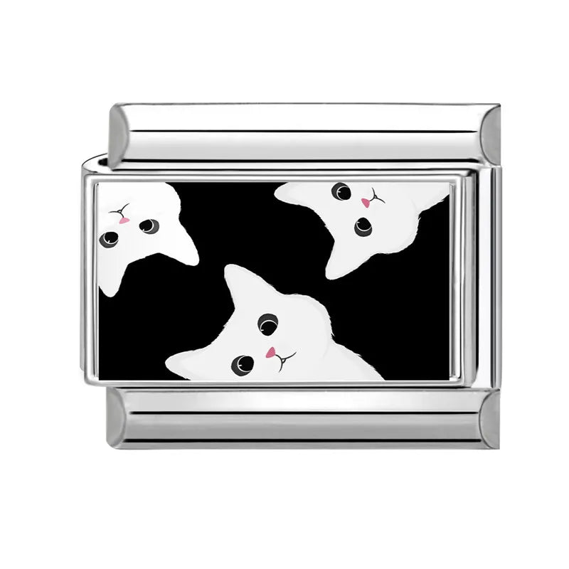 Fashion 2025 Cute White Cat Flowers Daisy Eyes Italian Links Charm Fit 9mm Stainless Steel Gift Modular Bracelet Jewelry Making Qme Style 13