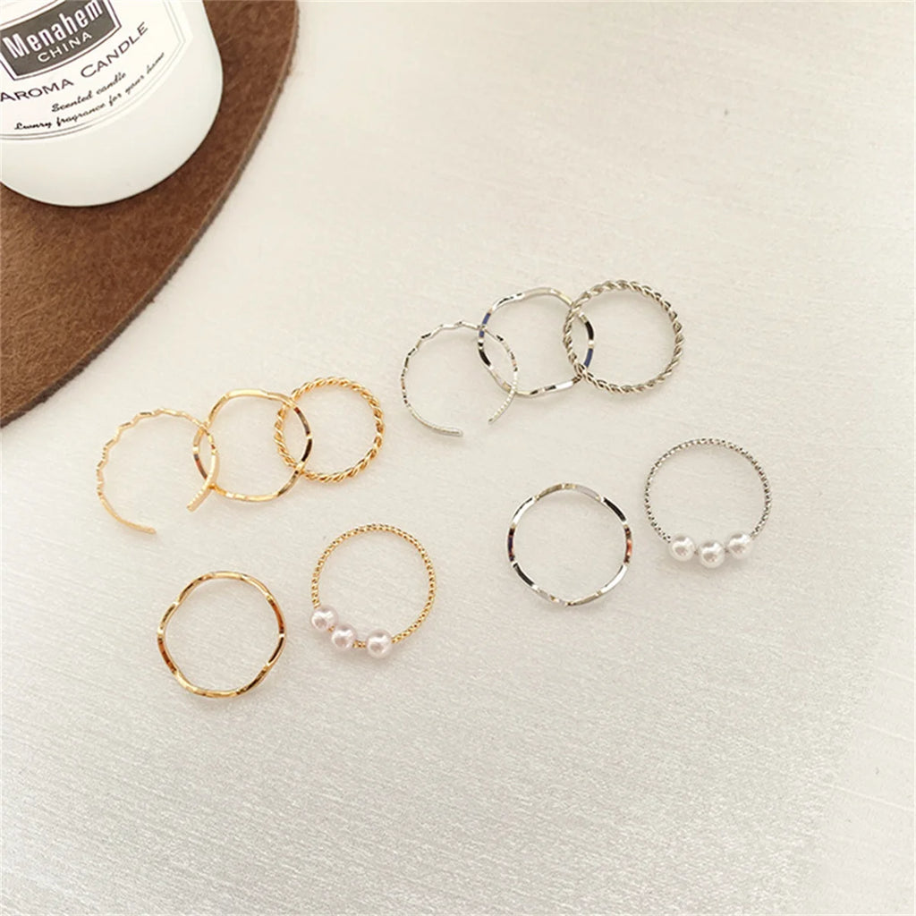 5pcs/set Rings for Women Simple Three Pearl Wavy Metal Twist Combination Joint Ring Trendy Personality Golden Party Jewelry Gift Qme