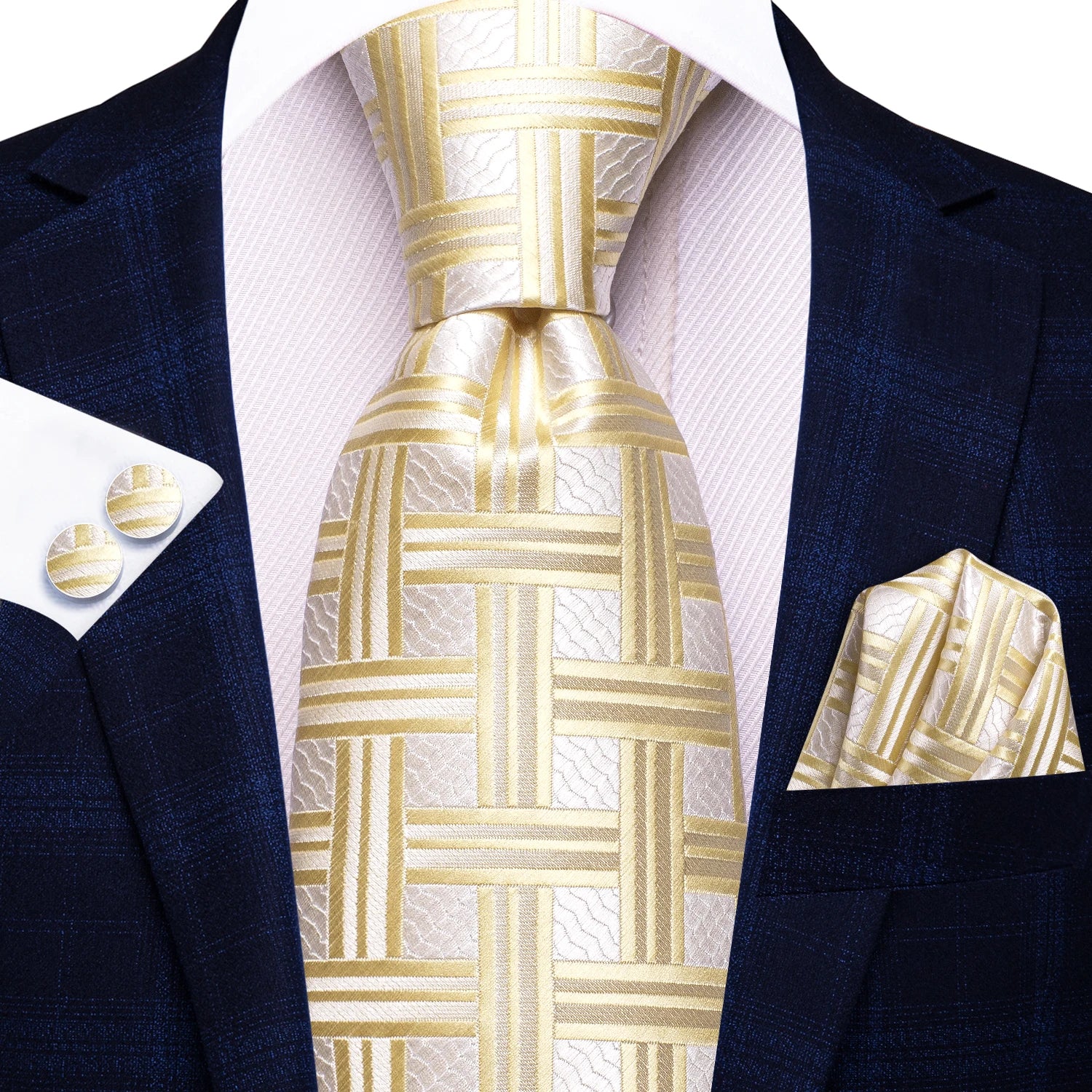 Hi-tie Fashion Blue Plaid Dots Men's Elegant Tie Handkerchief