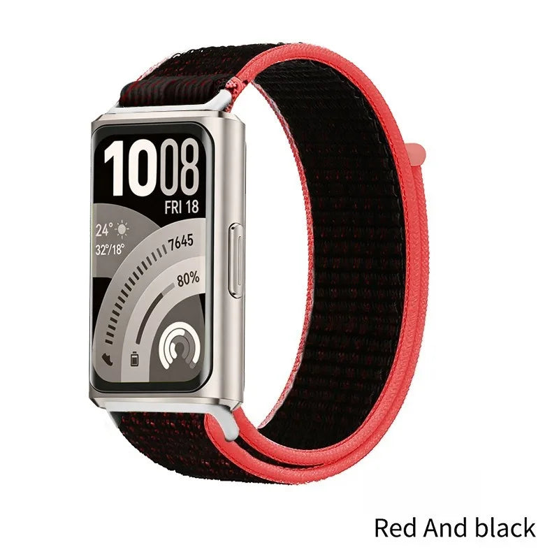 A Stylish Lightweight Nylon Loop Watchband with Exquisite Hardware Stitching Velcro Strap for Huawei Bracelet 11 Series 11 pro Qme Red Black Huawei 11 11Pro
