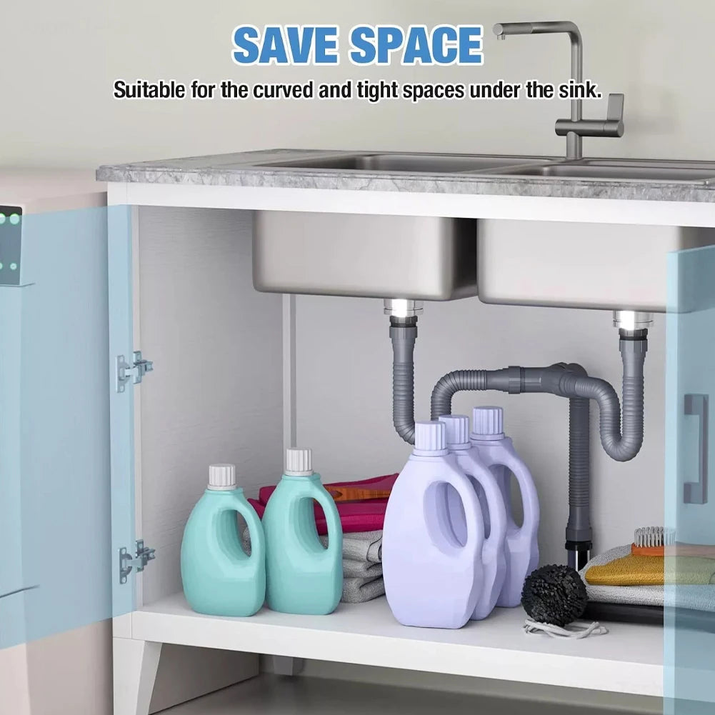 Adjustable Kitchen Sink Drain Set Double Sink Drain Kit P Trap Sink Drain Deodorant Strainer Hose Kitchen Accessories Qme