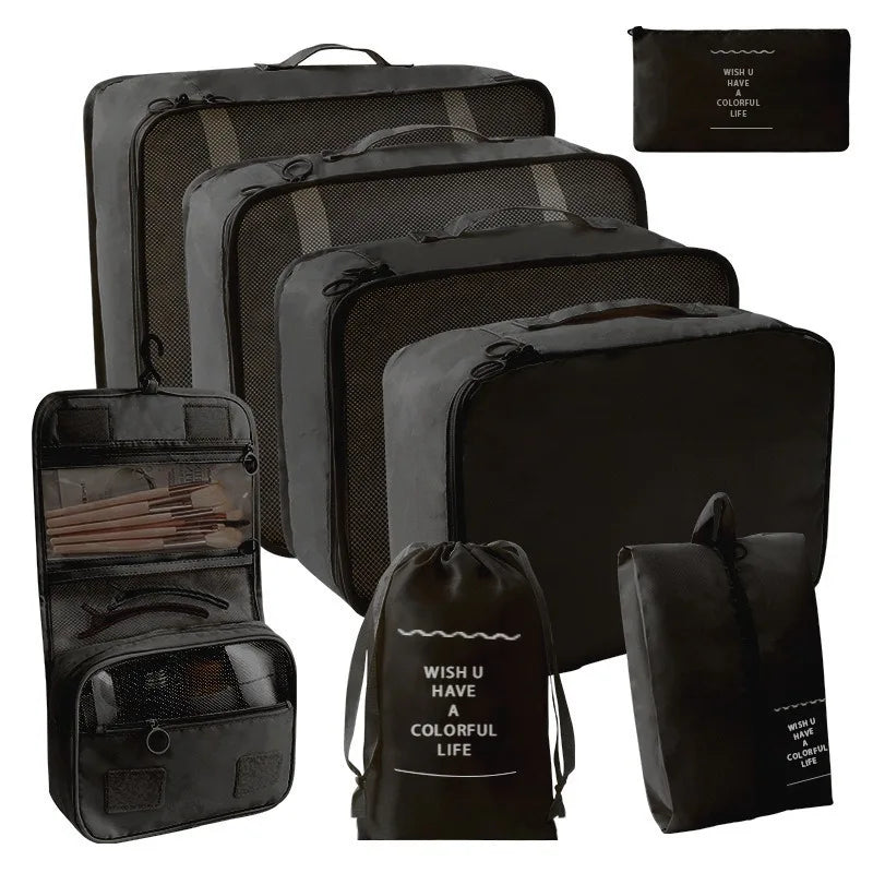 Portable Travel Organizer Storage Bags Set Suitcase Packing Cubes Set Cases Portable Luggage Clothes Shoe Tidy Pouch Folding Bag Qme 8 PCS Black