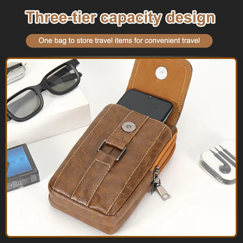 Vintage PU Leather Waist Strap Bag Waterproof Hook Chest Multi Layer Qme