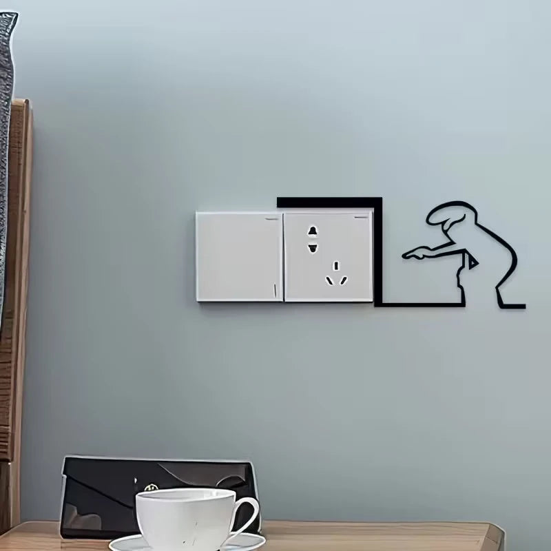 Cartoon Character Power Switch Decal Line Drawing Design Wall Decor Qme