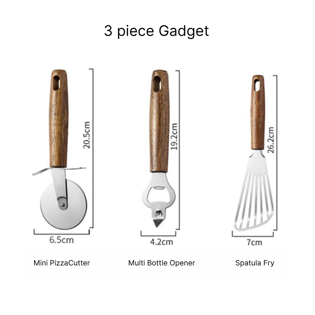 A Multifunctional Kitchen Gadgets Acacia Wood Stainless Steel Peeler Can Opener Egg Beater Pizza Cutter Cheese Spatula Set Qme 3pcs gadgets f