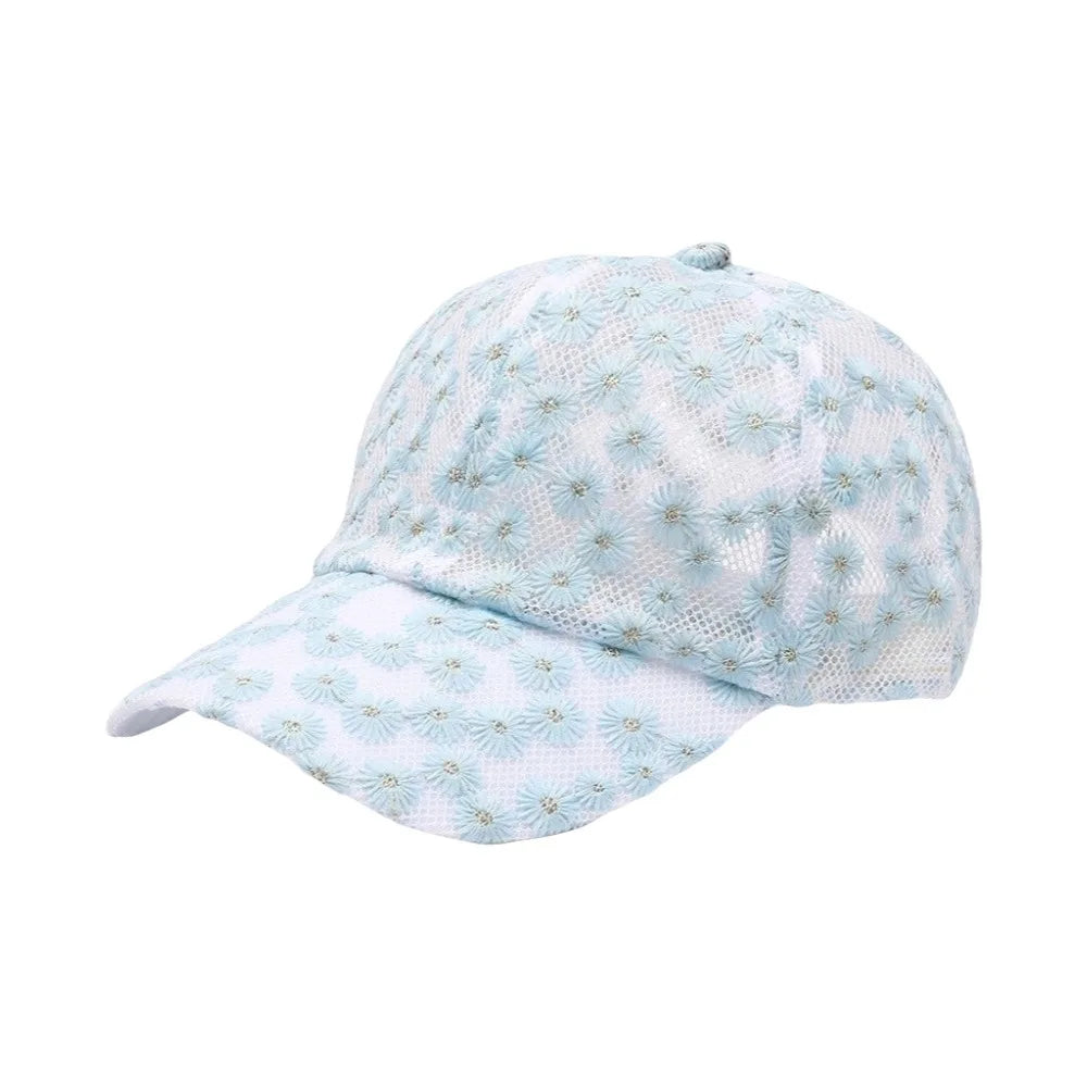 Casual Embroidered Flower Baseball Cap Adjustable Breathable Visors Qme Blue