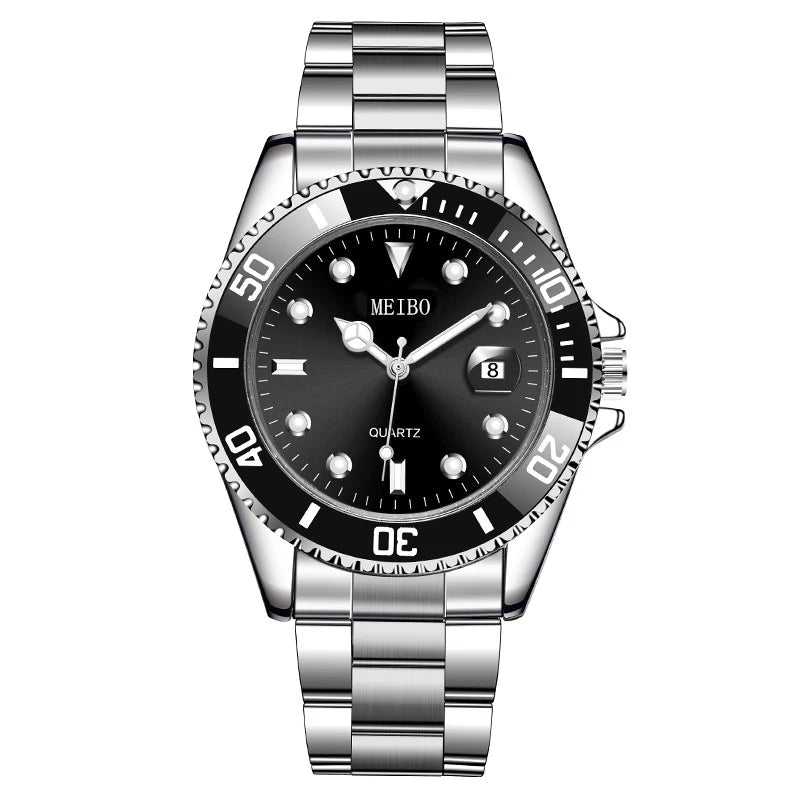 Trendy Fashion Magnifier Calendar Men's Watch Steel Belt Watch Green Ghost Men's Watch Qme black