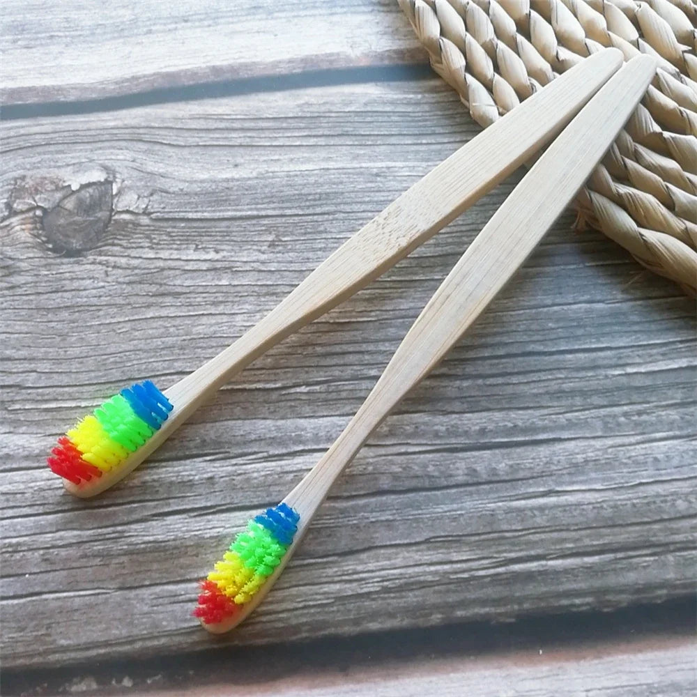 Colorful Natural Bamboo Toothbrush Soft Bristle Charcoal Teeth Whitening Manual Wooden Handle Toothbrushes Soft Dental Oral Care Qme Rainbow 2Pcs
