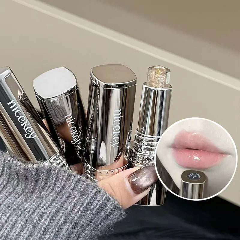 NICEKEY Silver Diamond Lipstick Moisturizing Lips Makeup Pearlescent Transparent Lip Balm Long Lasting Shimmer Lipstick Cosmetic Qme