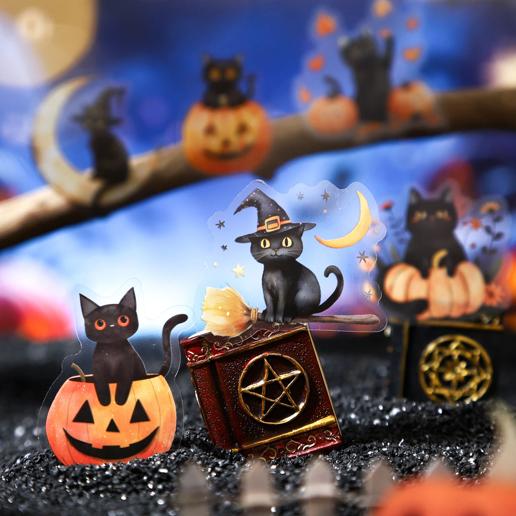 Halloween Cat Pumpkin Stickers 20 Sheets PET Waterproof DIY Scrapbook Journal Laptop Phone Case Decoration for Kids Adults Qme