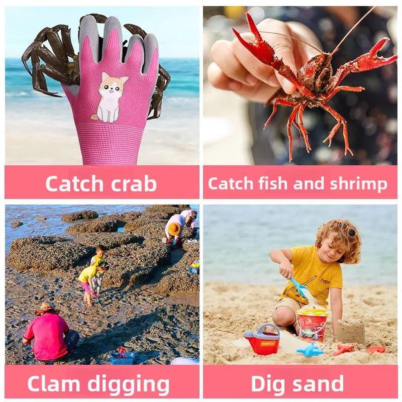 3Pairs Kids Beach Glove Anti-Pinch Crab Catching Garden Waterproof Non-Slip Wear-Resistant Latex Work Glove Qme