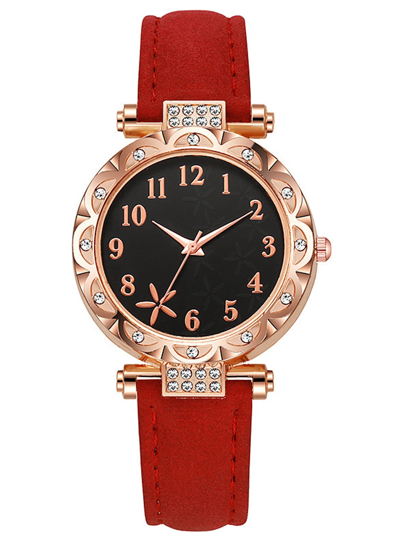 Fashion Diamond encrusted Women's Quartz Watch Rose Gold Case Multi color Optional Belt Watch Set Qme Red