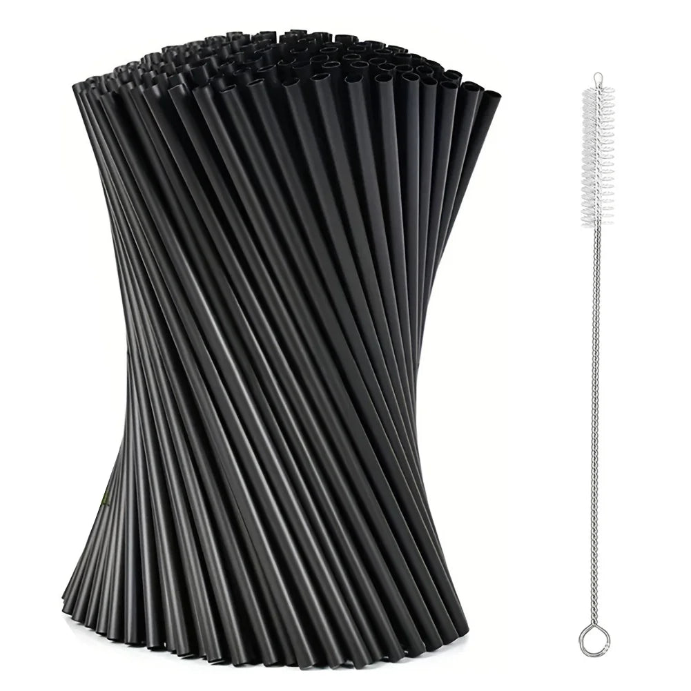 100Pcs Black Drinking Straws with Straw Brush Flexible Plastic Straw Reusable Milkshake Straws for Home Kitchen Qme Black
