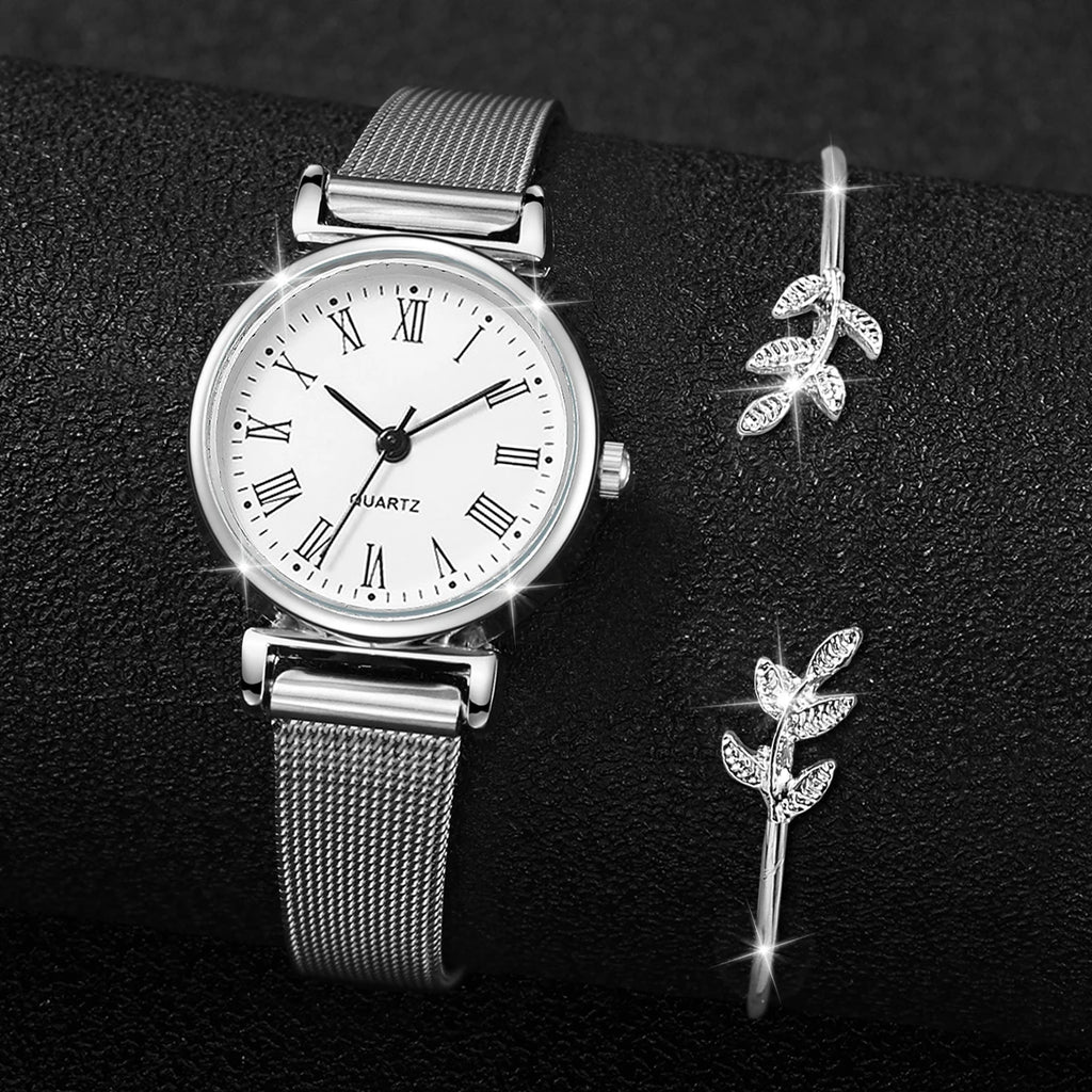 2-piece ins compact and minimalist metal mesh strap quartz women's watch leaf bracelet women's watch case Qme WHITE No
