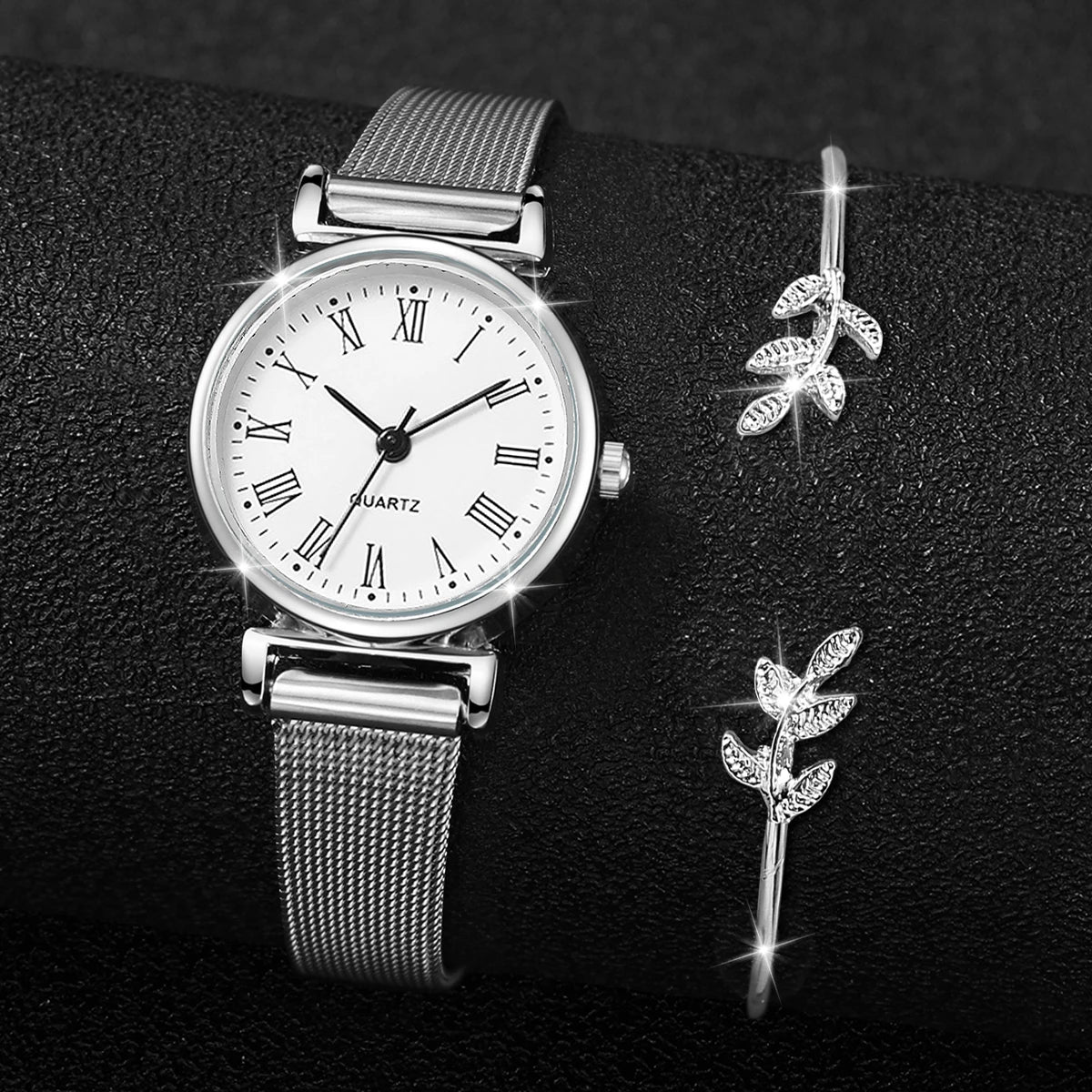 2-piece ins compact and minimalist metal mesh strap quartz women's watch leaf bracelet women's watch case Qme WHITE No