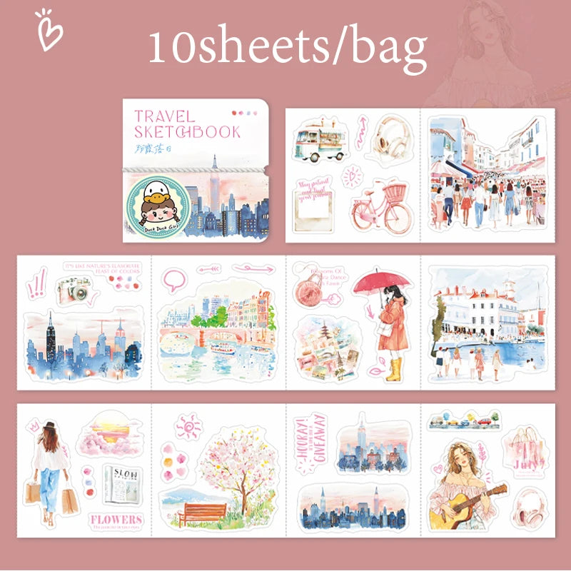 10 Sheets/Bag Travel Scrapbook Die-Cut Stickers for Planner Notebook DIY Phone Case Decoration Office Stationery Gift Qme 2
