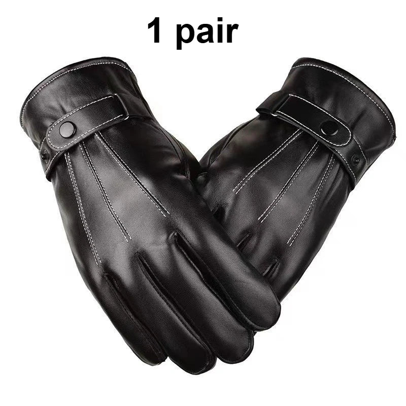 Men Winter PU Leather Gloves Touchscreen Warm Waterproof Gloves For Driving Cycling Qme 1 pair
