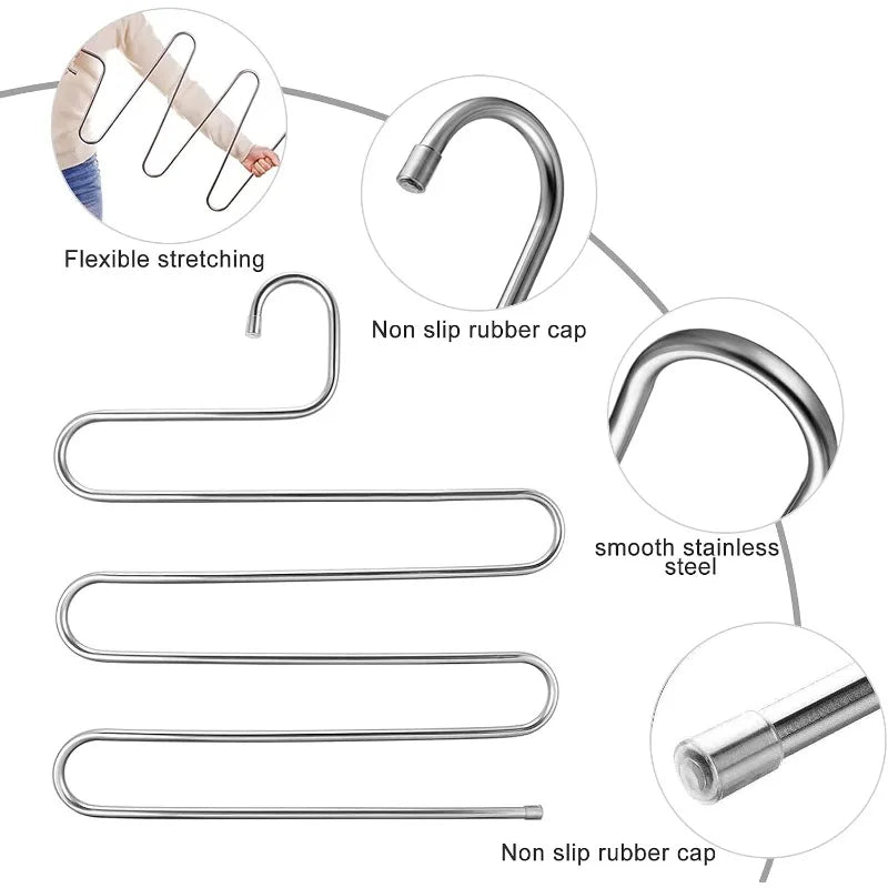 5-layer S-shaped Stainless Steel Trouser Rack Multifunctional Hanger Space-saving Non-slip Pants Storage Accessories Qme