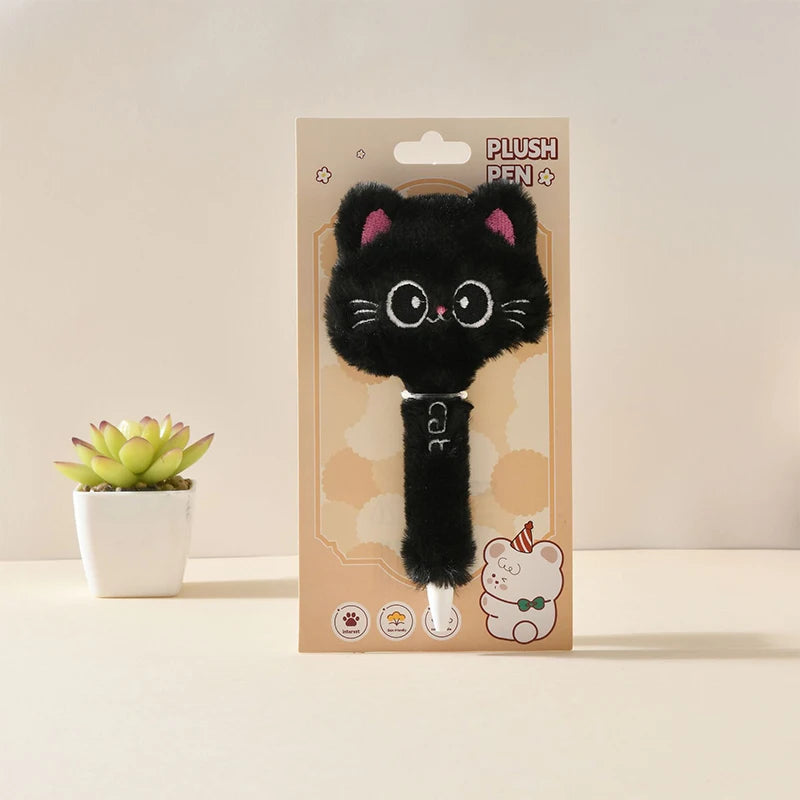 Creative Cute Cat Plush Gel Pens Black Quick-drying Click Pen School Qme A3