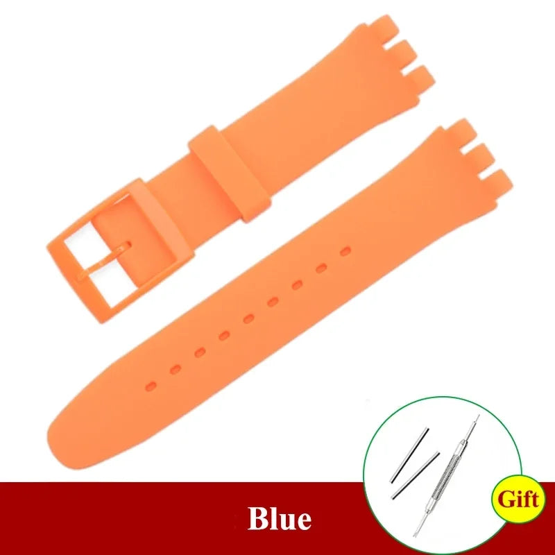 16mm 17mm 19mm 20mm Soft Silicone Bracelet Colorful Watchband for Swatch Watch Strap Replacement Watches Accessories with Tool Qme Orange 19mm