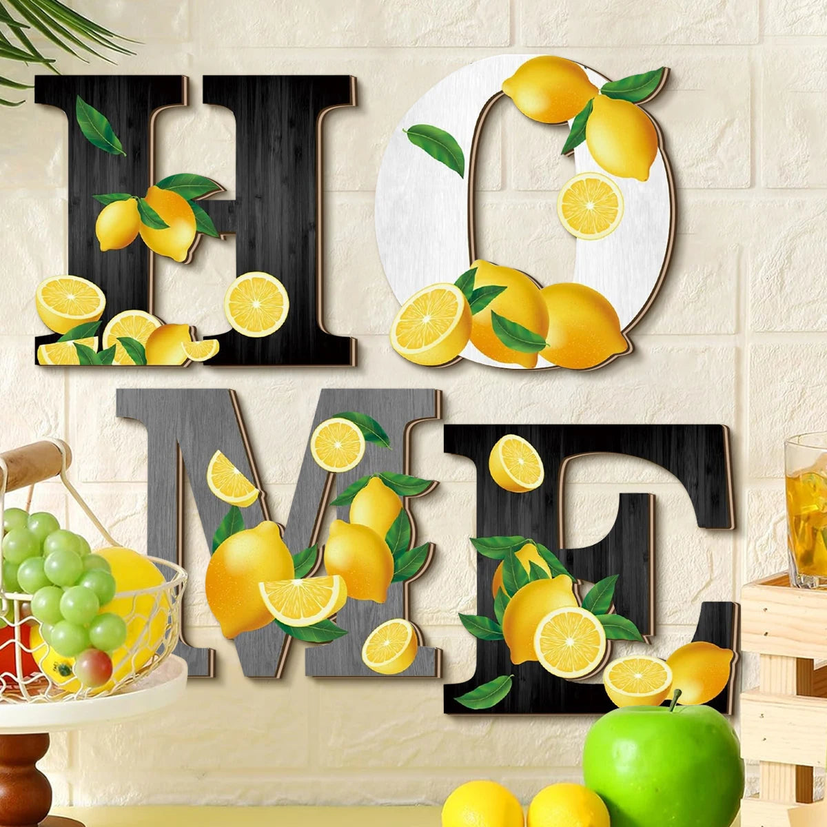 1 set of 2D lemon themed "HOME" letter wooden wall decoration, rustic style farmhouse wall warm decoration, home decoration Qme Default Title