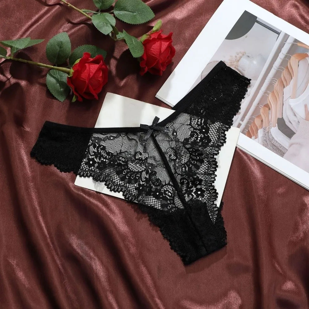 Cotton Crotch Women Lace Flower Briefs Low Waist Traceless Thong Qme Black S 1pc