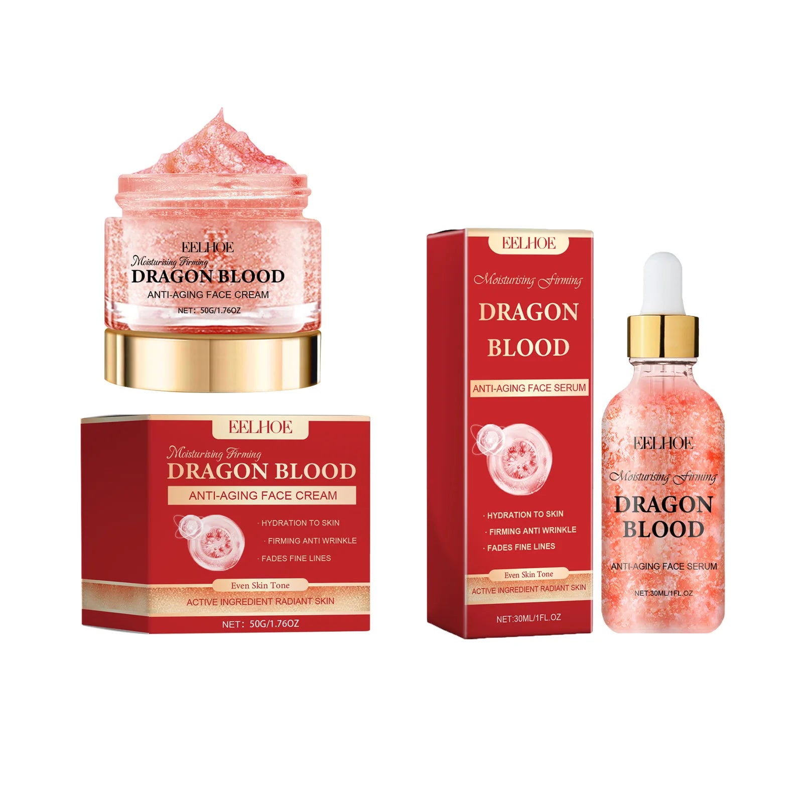 Dragon's Blood Skincare Set Anti-Aging Face Serum & Creams Reduce Wrinkles Firming Smoothing Hydrating Brightening Face SkinCare Qme 2 IN 1