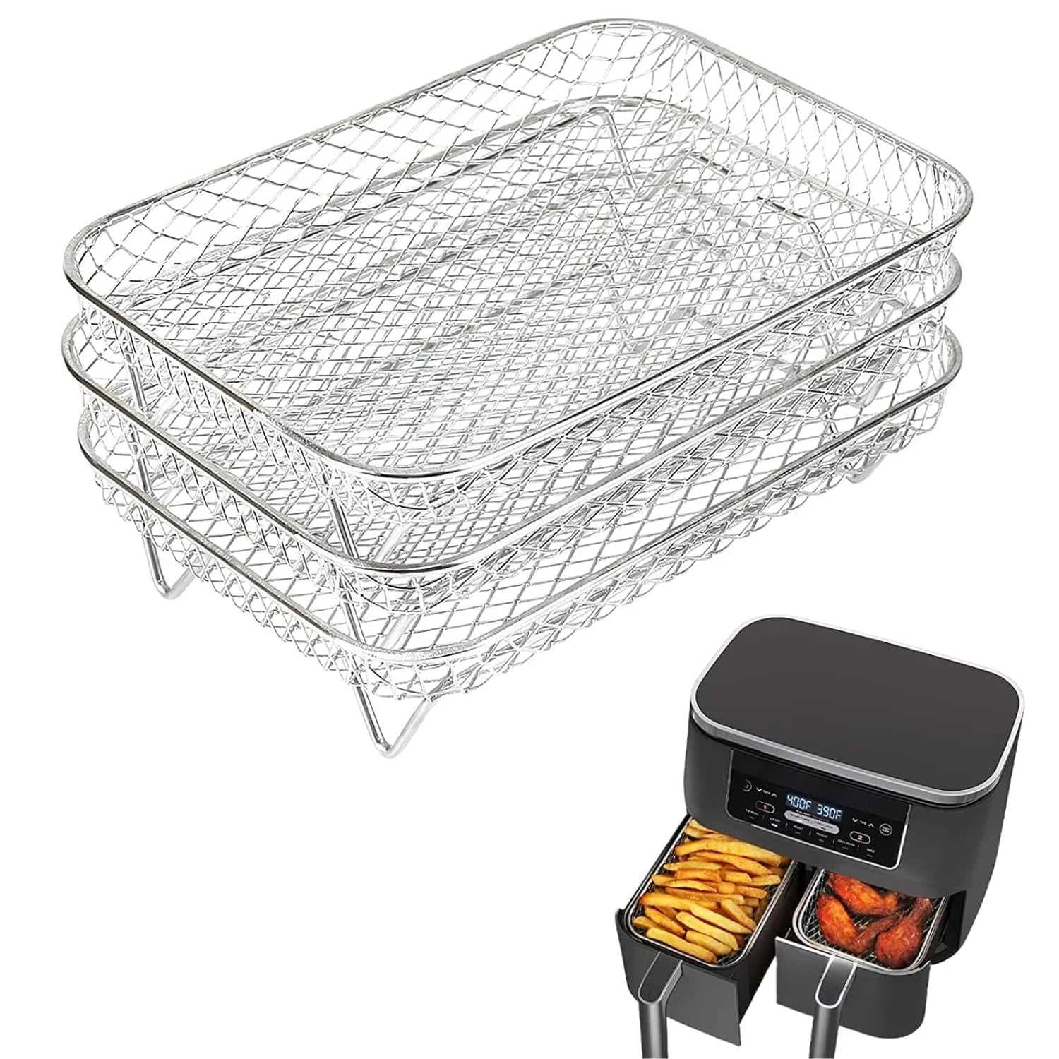 Three Stackable Air Fryer Rack Ovens Racks Stainless Steel Basket Tray Air Fryer Accessories Kitchen Gadgets Baking Tools Qme Rectangle