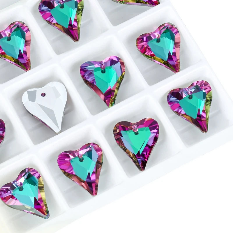 12Pcs Crystal 6240 Wild Heart Pendant Glass Austria Loose Beads Charms Rhinestones for DIY Earring Necklace Jewelry Accessories Qme 001VO 14x17mm-12pcs