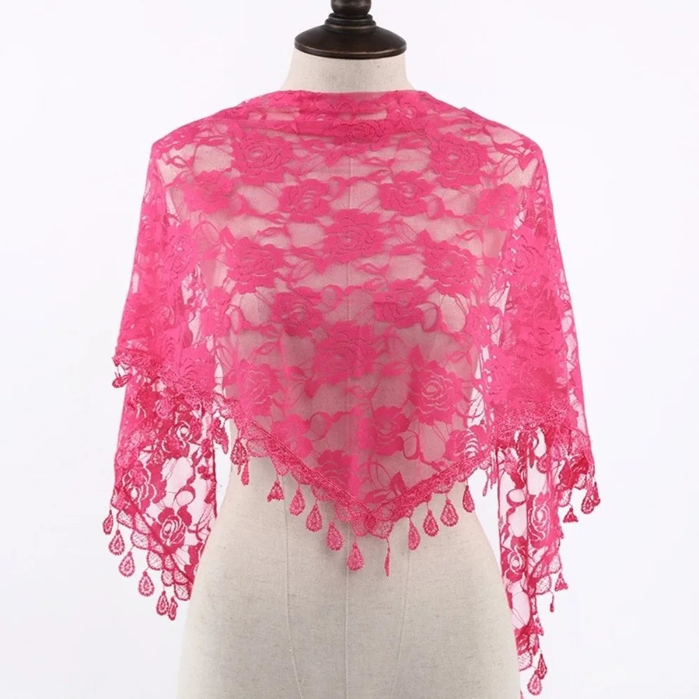 Sun Protection Lace Scarf Colorful Tassel Printed Wraps Hair Qme Rose Red