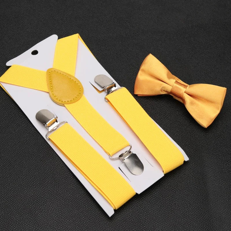Kids Suspenders for Pants Bowtie Set Matching Tuxedo Suit Boy Girl Childs Black Adjustable Y-Back Brace Belt Wedding Accessories Qme Gold
