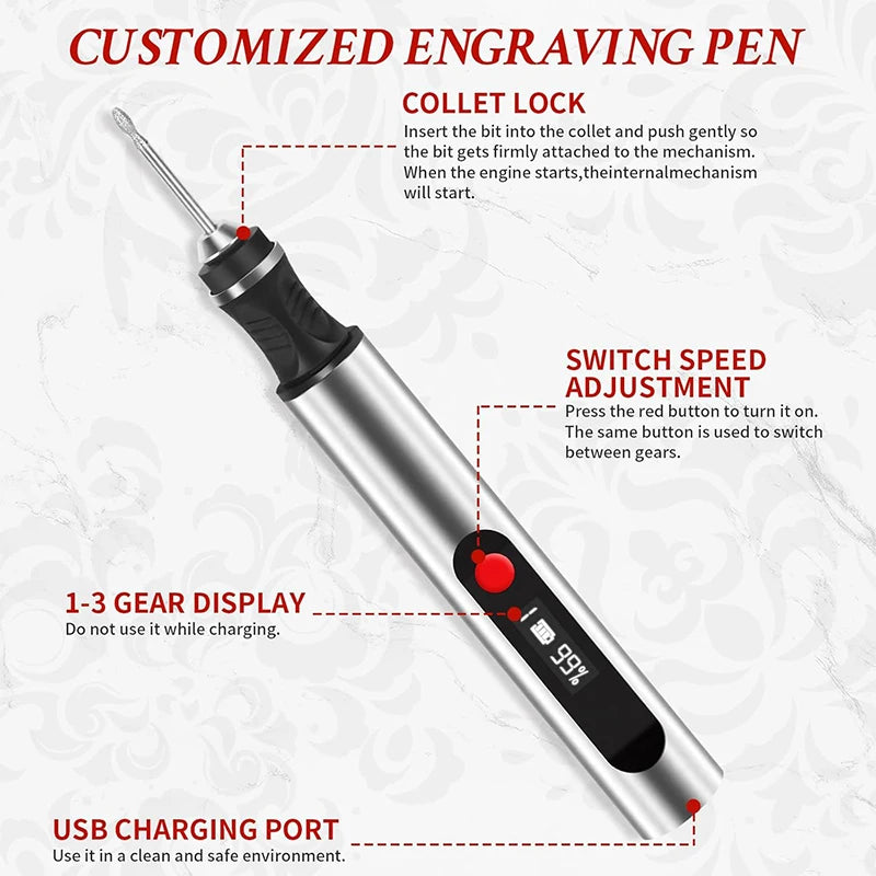 Portable Electric Engraving Pen Kit Mini USB Cordless Rotary Tool Multifunctional Stone Wood Metal Carving Pen DIY Hand Tools. Qme