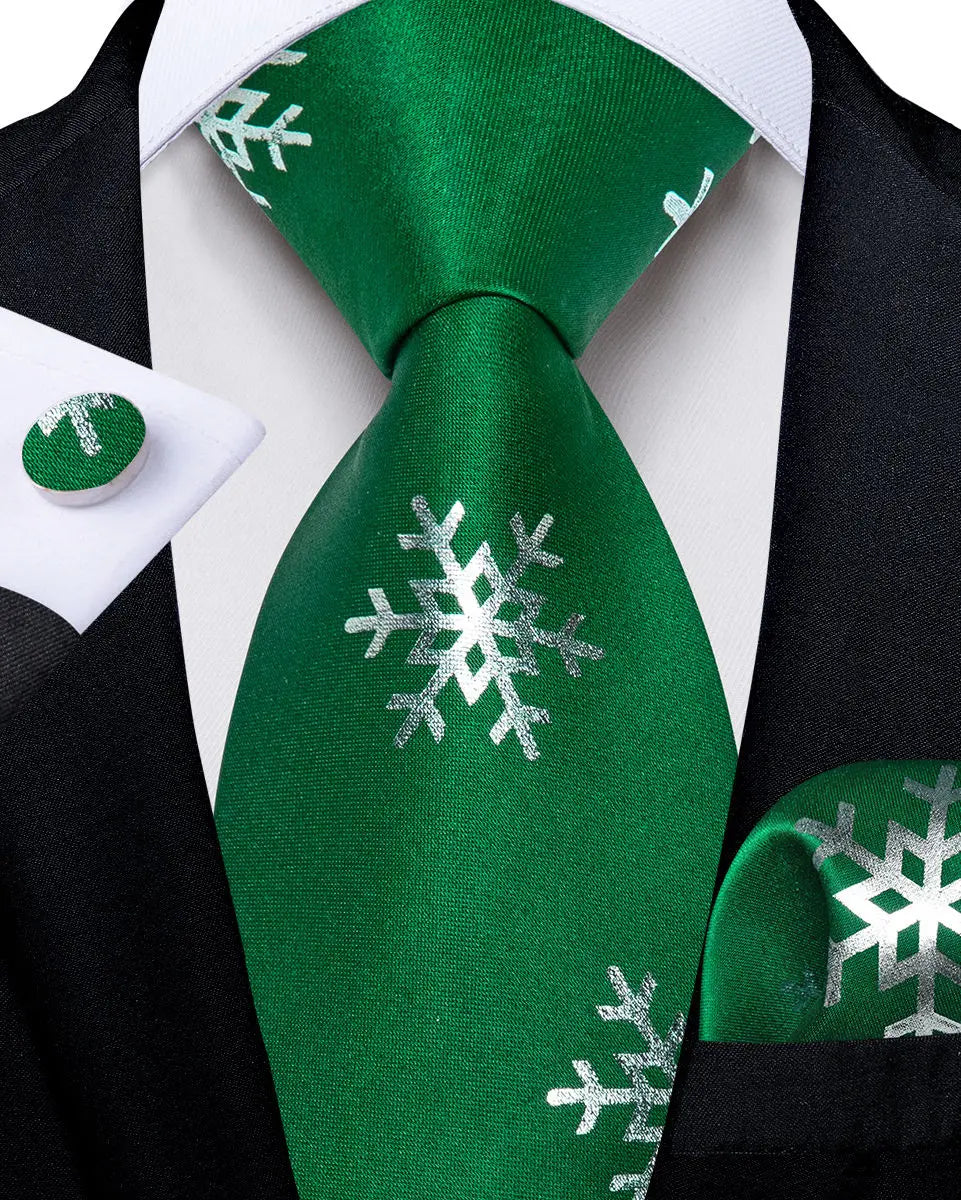 Christmas Green Tie Set 3 Pieces Men Necktie Pocket Square Cufflinks Xmas Wedding Party Suit Accessories Gifts for Dad Boyfriend Qme LDSN8376