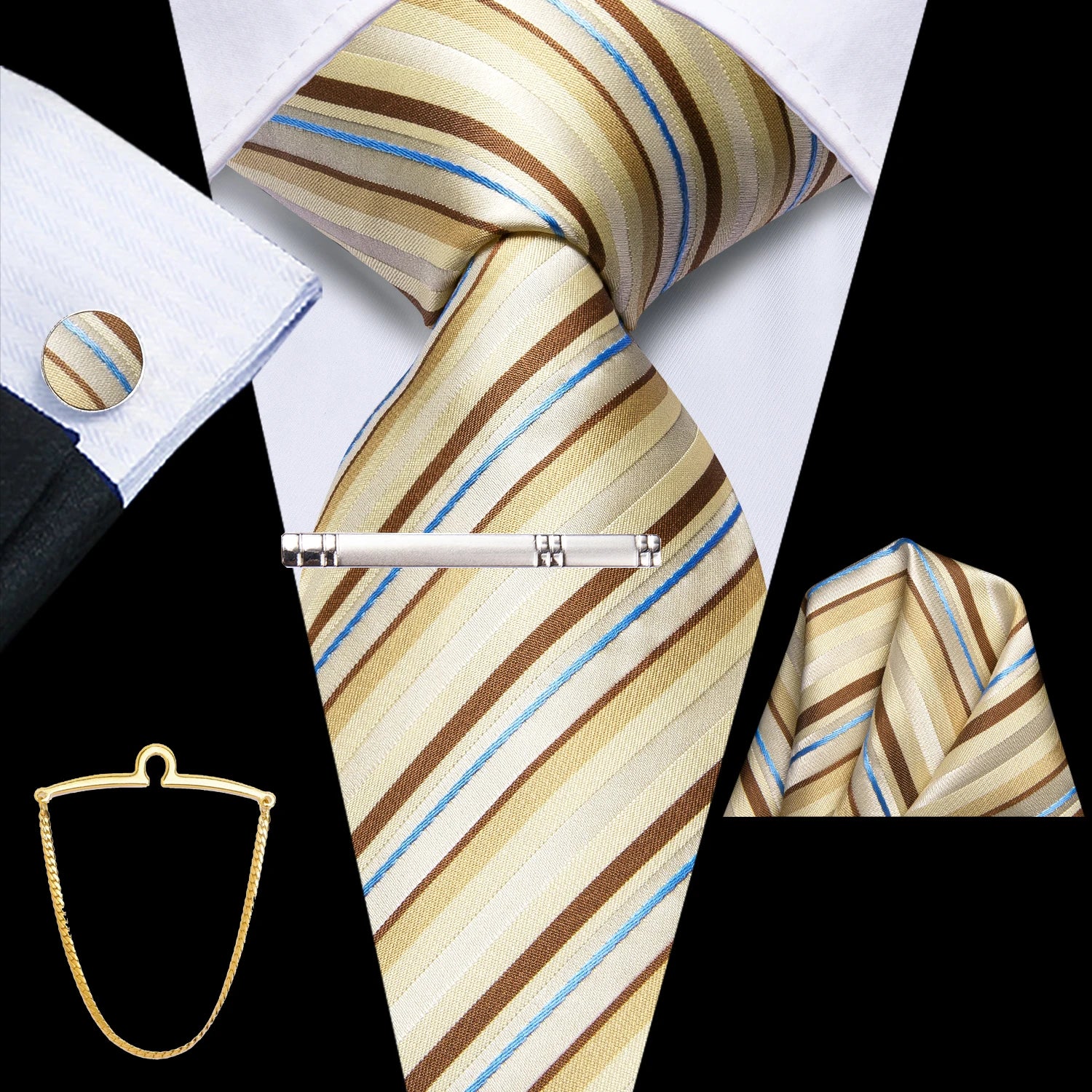 Hi-Tie Men's Smart Business Tie Set 5 Pcs - Striped Tie, Handkerchief, Cufflinks, Lapel Clip, Chain Qme QQ-N-3856