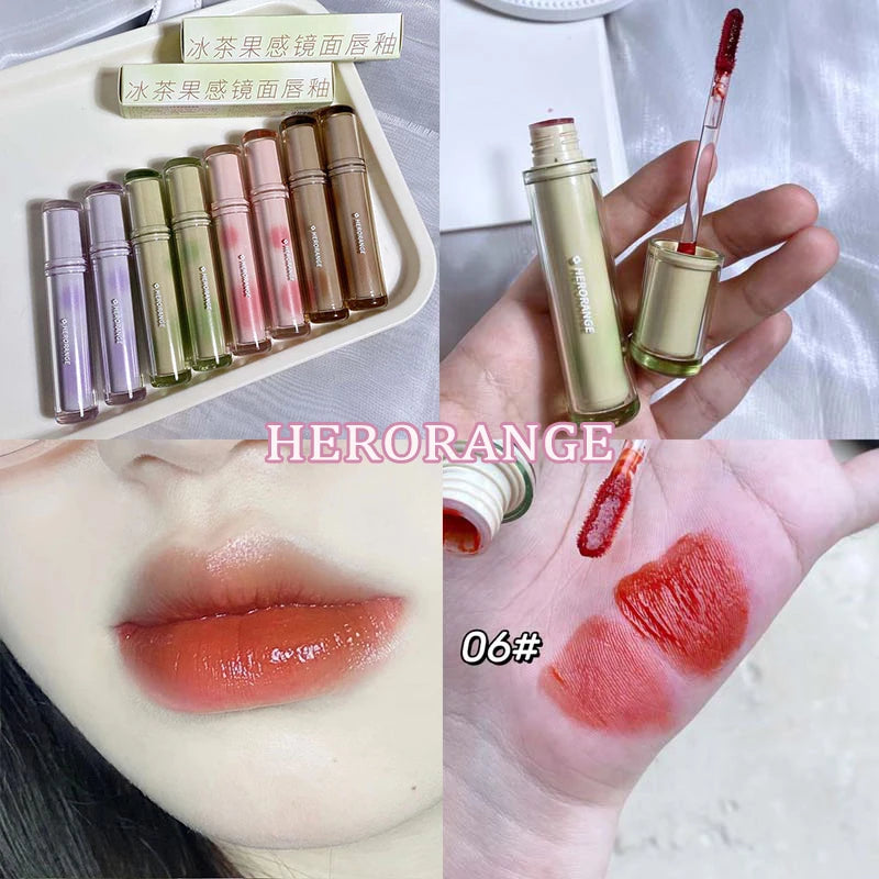 Iced Tea Mirror Lip Glaze Watery Lip Gloss Waterproof Lasting Transparent Jelly Liquid Lipstick Womon Beauty Makeup Lip Cosmetic Qme 06 HERORANGE