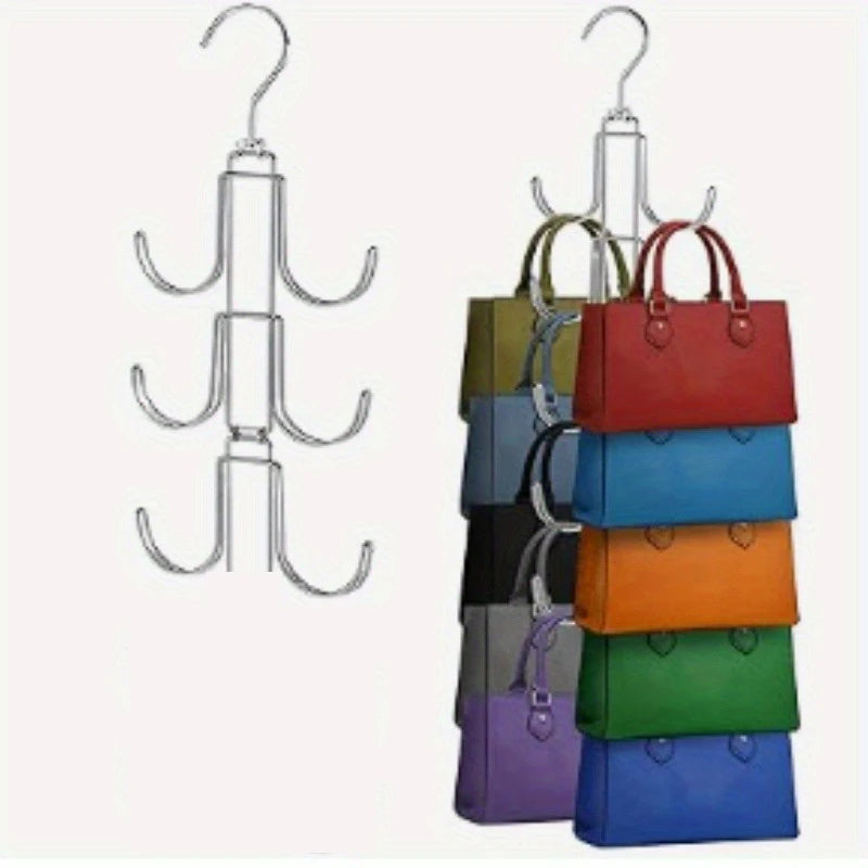 Foldable metal handbag hanger, 360-degree rotating space-saving storage device, suitable for storing items such as handbags Qme