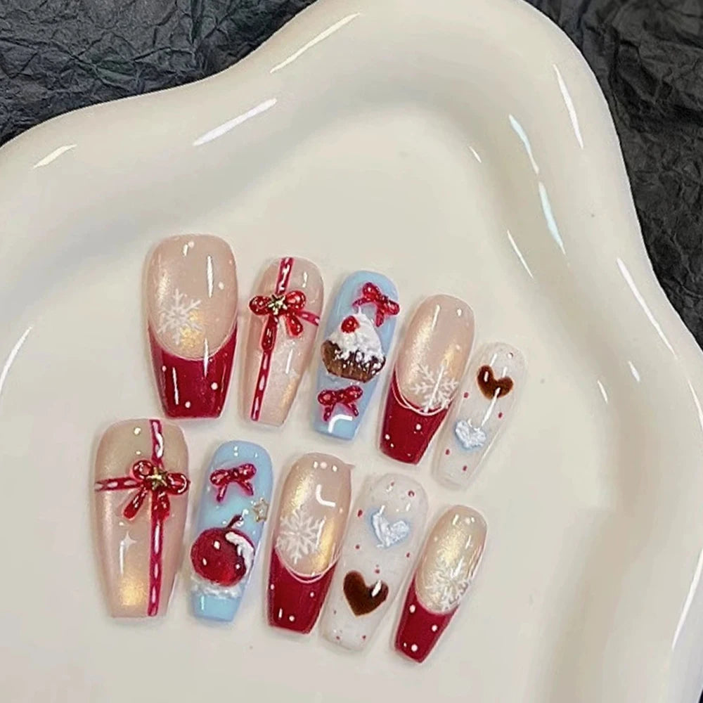 Christmas Cute Snow White Carol Winter Handmade Press Nails Red Qme