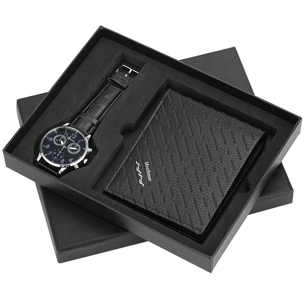 2 Pcs/Set Fashion Men Watch Wallet Gift Box Quartz Wristwatch Leather Strap Male Wallets Purse Birthday Gift for Father Husband Qme Coffee