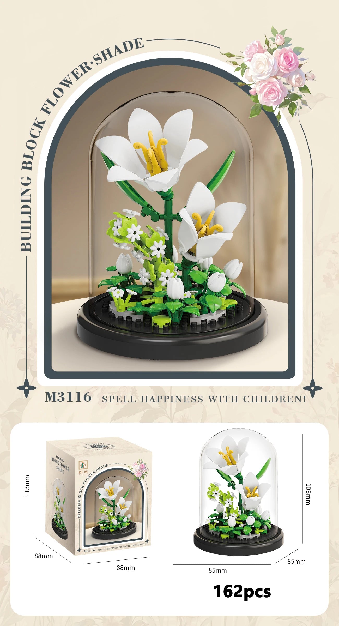 Eternal Flower Bouquet Bonsai Potted Plant Micro Building Blocks Model Home Decoration Puzzle Toys Kids Birthday Christmas Gifts Qme 3116-With Cover