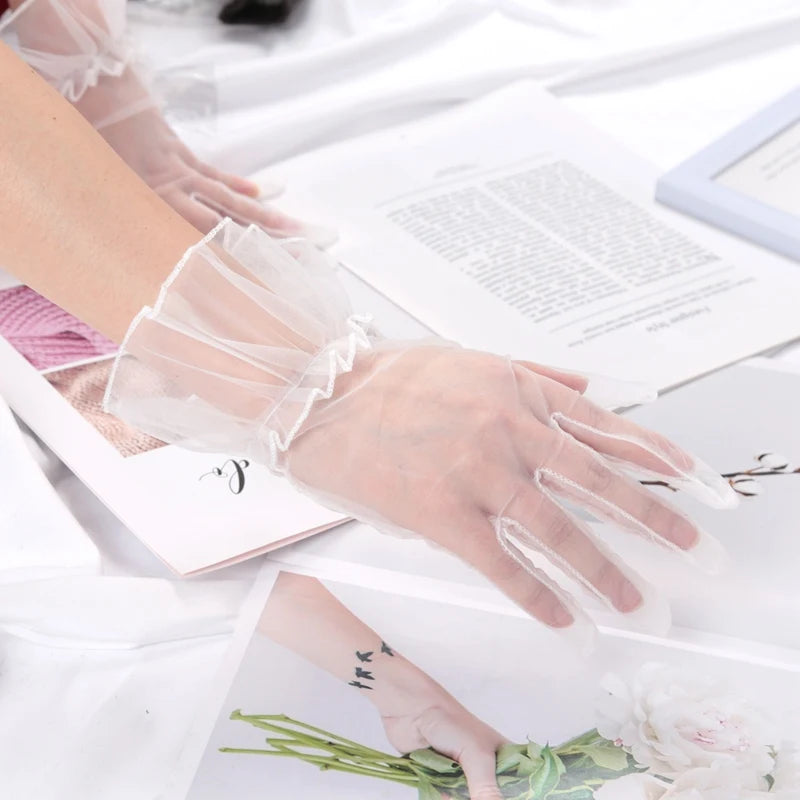 Sexy Transparent Lace Black White Gloves Solid Fashion Women Drive Qme