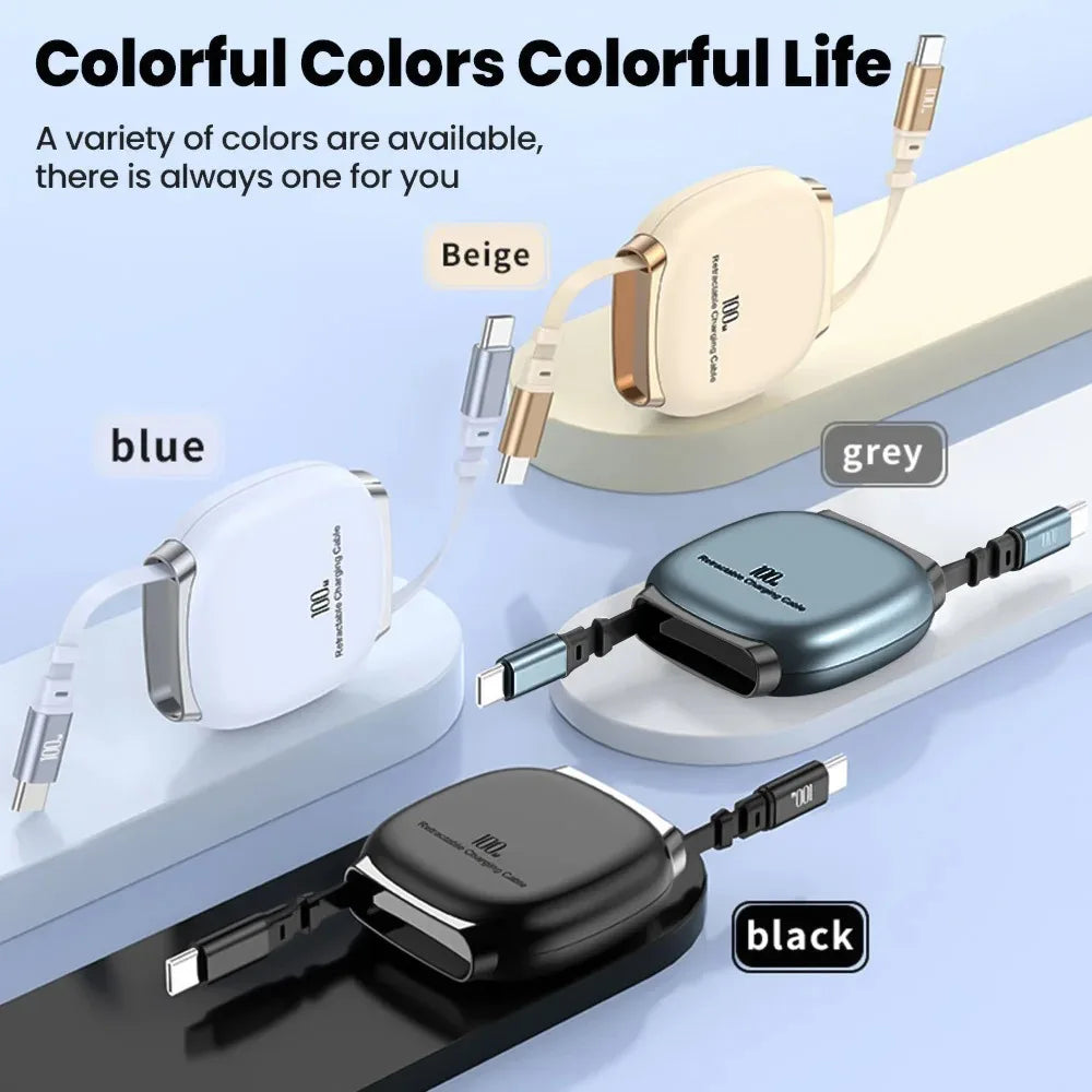 100W USB C To Type C Mobile Phone Charge Wire USB C Retractable Car Portable Charger PD Cable For iPhone 17 Samsung Xiaomi 15 14 Qme