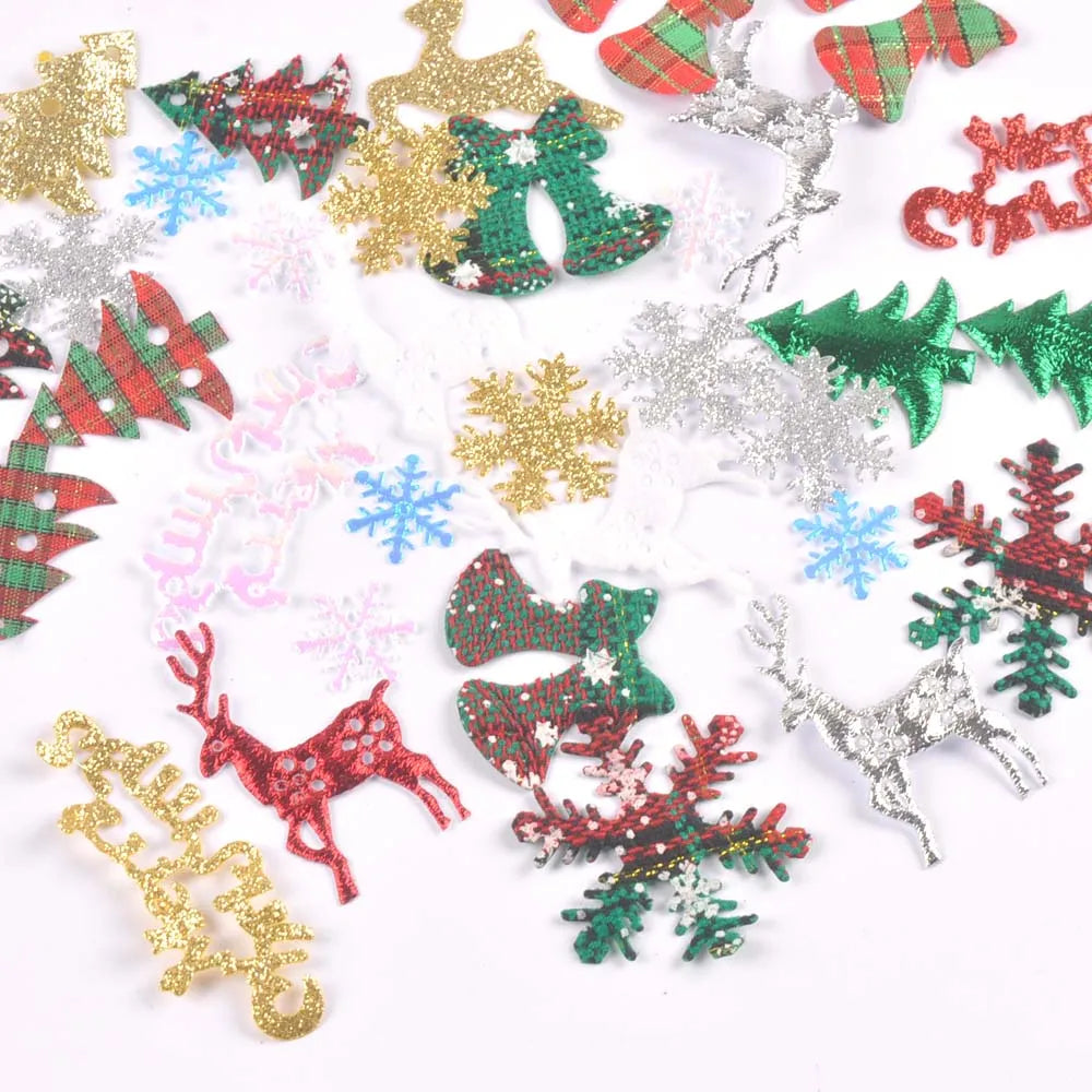 50Pcs Cute Glitter Elk Snowflakes Christmas Tree Patches For Clothes Stick-On Appliques DIY Kids Hairpin Bowknot Accessories Qme