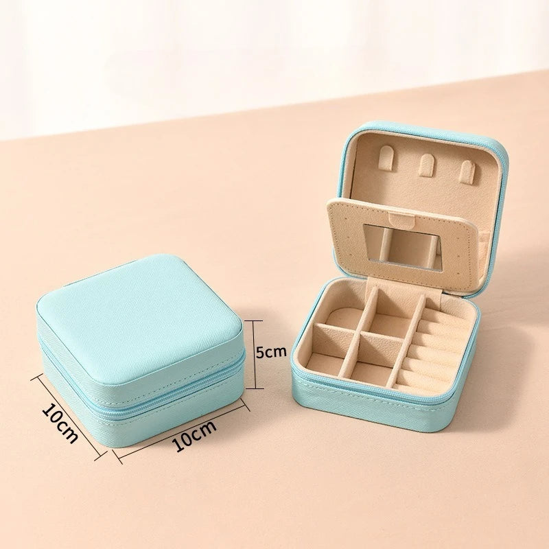 1pc Single Layer Square Storage Box Ladies Travel Leather Jewelry Box Classic Various Colors Storage Box with Mirror Qme Blue