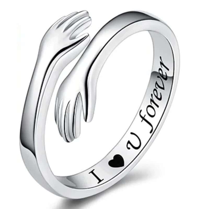 Lettering silver Color Warmly Embraced Love Hug Open Ring For Women Cute Creative Hands Embracing Adjustable Rings Jewelry Qme