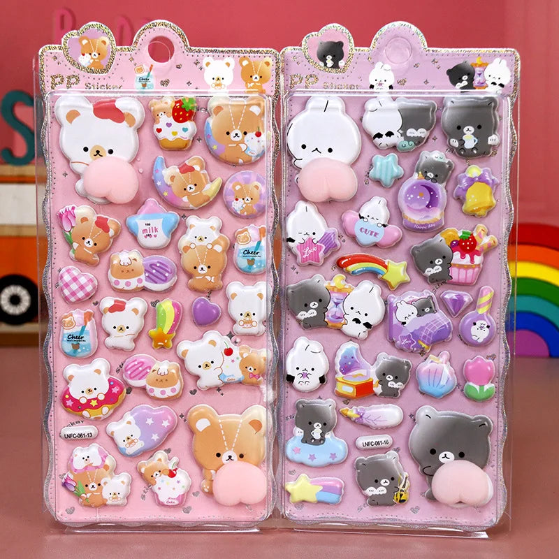 2PCS Cartoon Sticker 3D Puffy Squishy Stress Relief Rabbit Capybara Bear for Phone Case Laptop Decoration Journal DIY Collage Ch Qme Little Black Bear