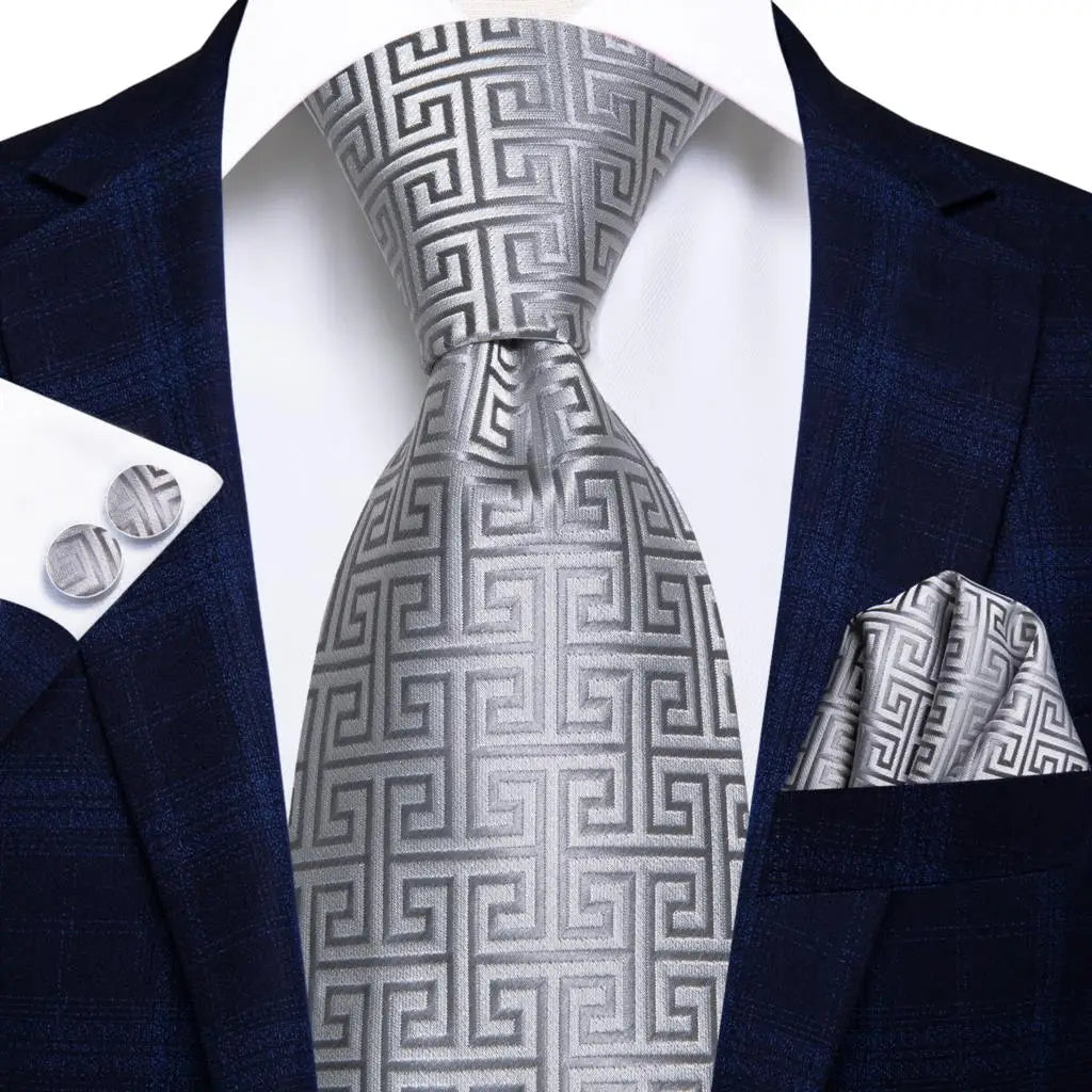 Hi-tie Smoke Grey Tie Men Elegant Mens Necktie Pocket Square Cufflink Qme 0484